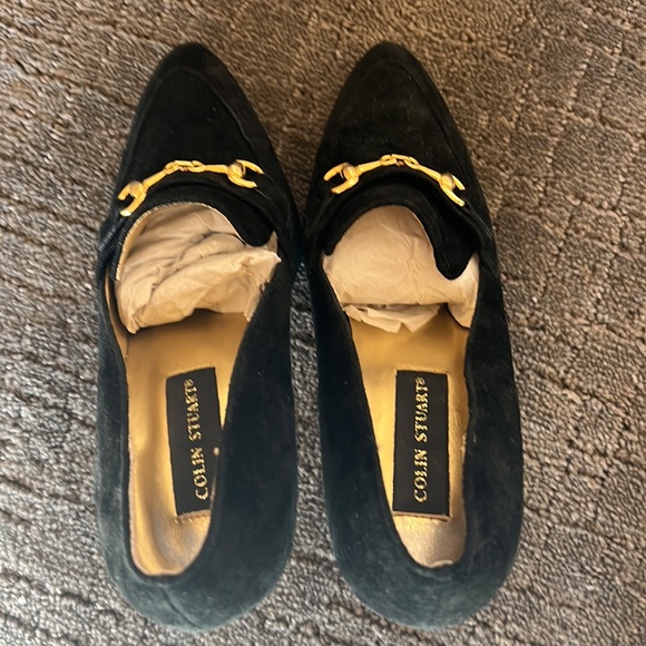 Vintage Colin Stuart black suede gold accent buckle loafer style heels pumps 7.5 - Picture 8 of 16